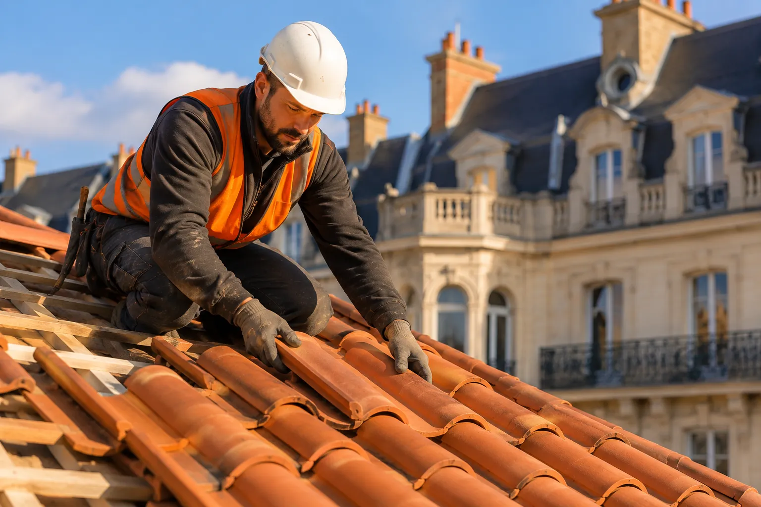 Couvreur professionnel posant des tuiles terre cuite sur une toiture à Lyon